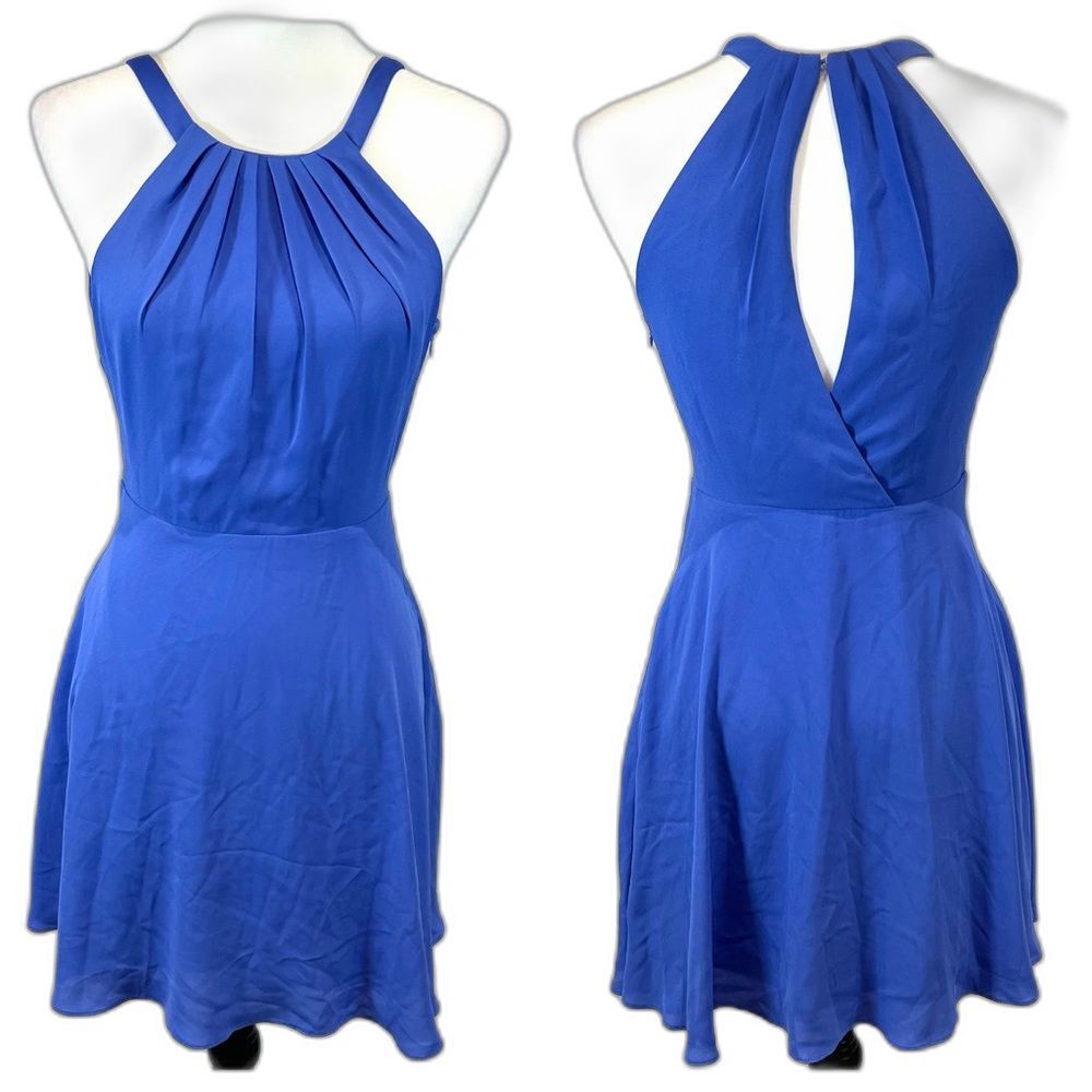 Express blue pleated front keyhole back halter neck dress size 2